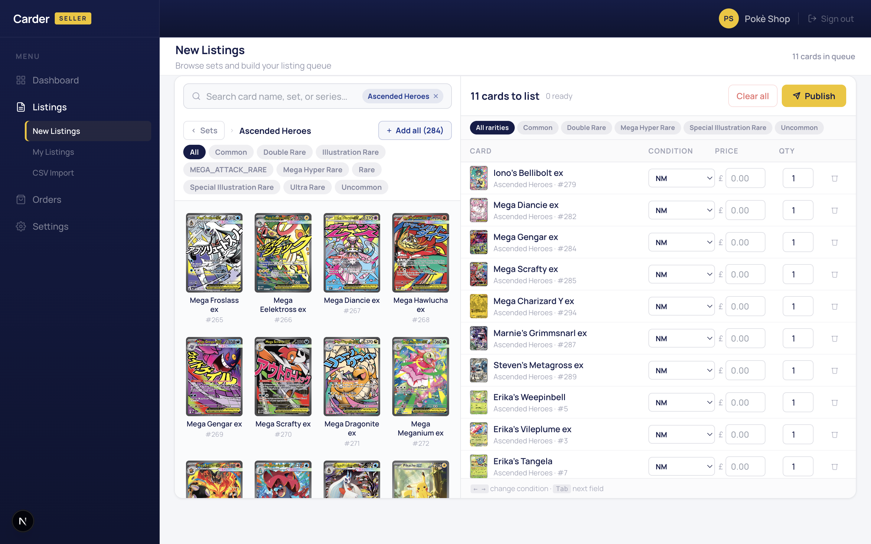 Bulk listing tool with cards and prices
